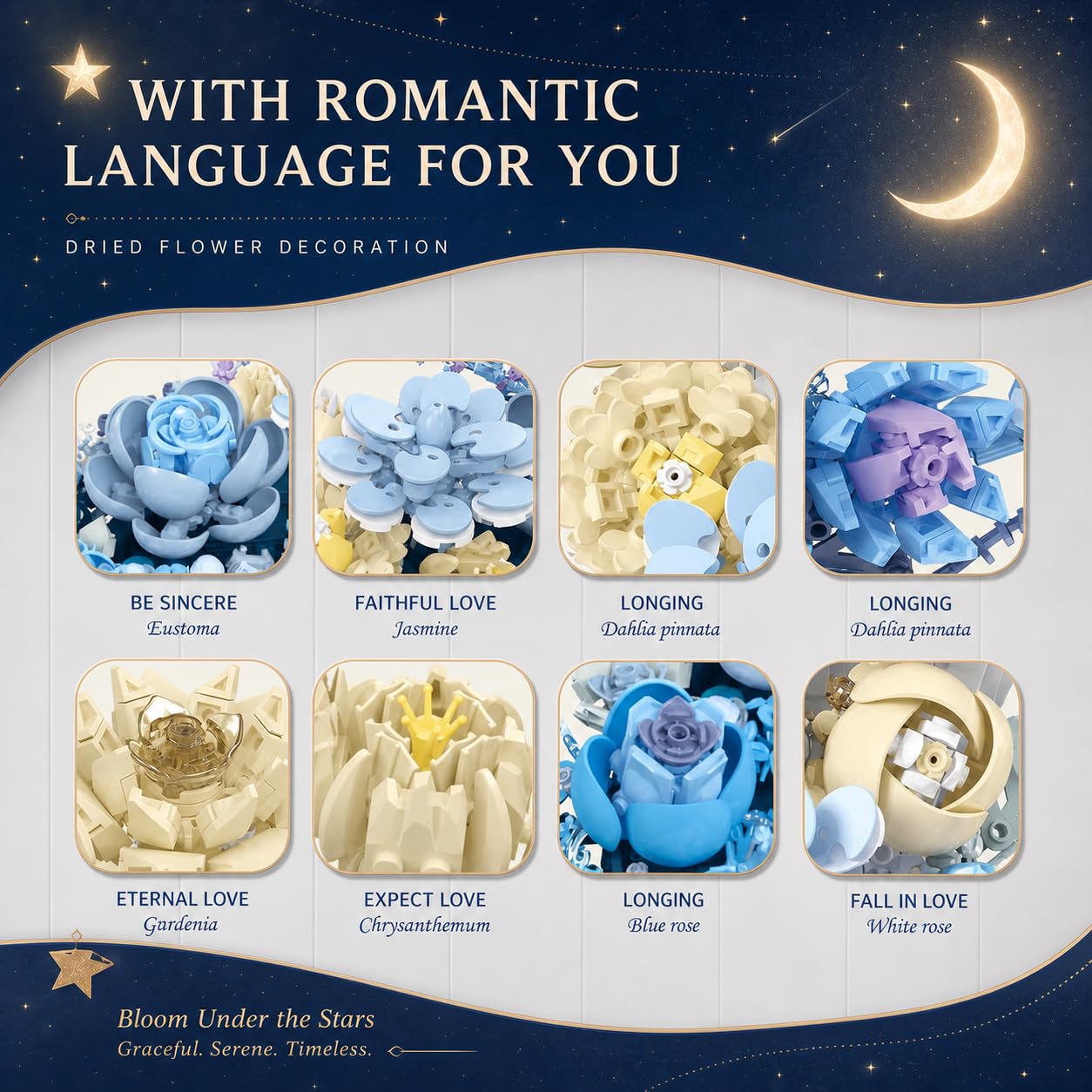 Blue Moon Flower Bouquet Building Set, Compatible with Lego Flowers for Adults, Artificial Flowers Lovers, Building Blocks for Décor Wall Art
