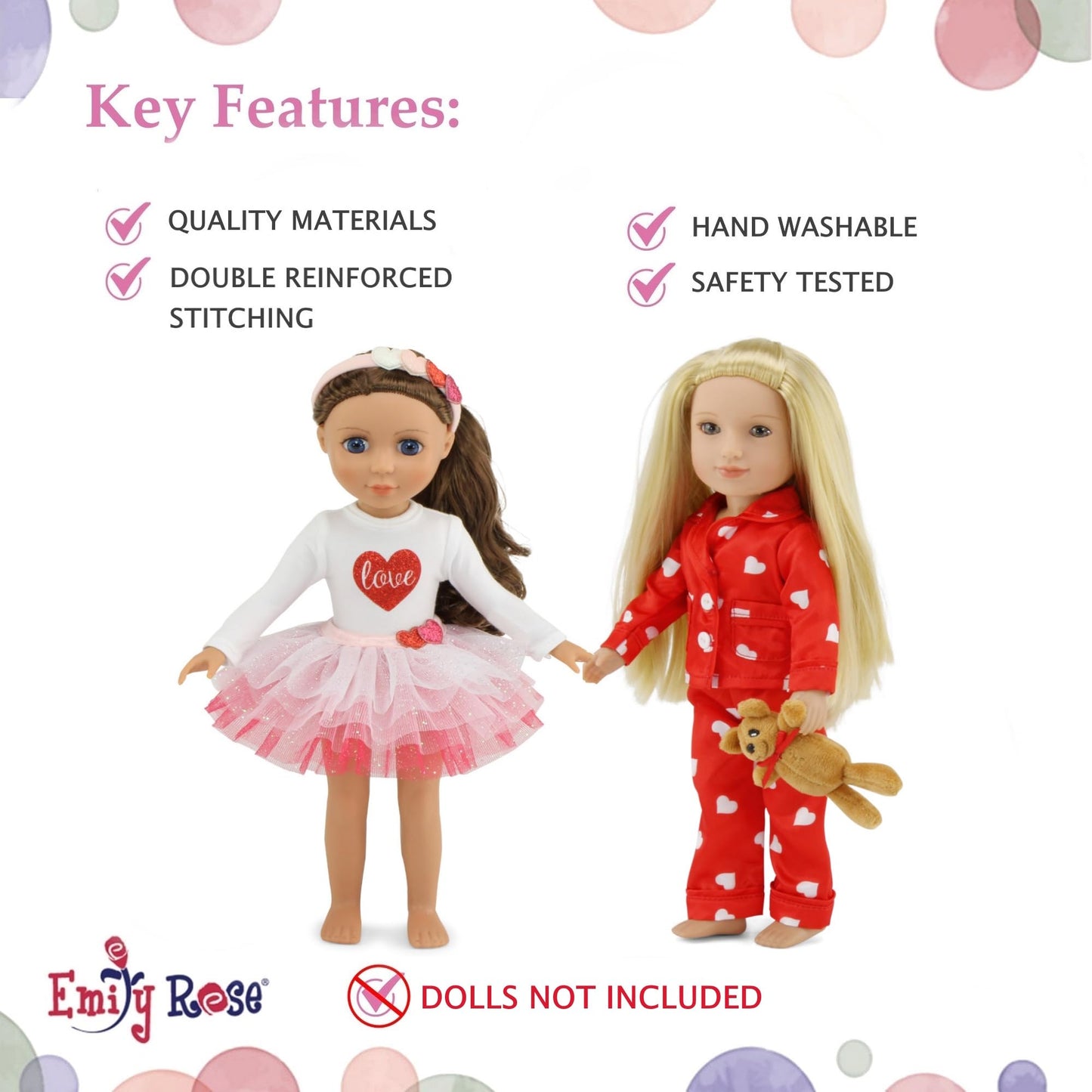 Emily Rose 14 Inch Fashion Doll Clothes - 6-PC Red/White Clothing Bundle. Including Tutu Set & PJ Pajamas Gift Set with Teddy Bear - USA Business