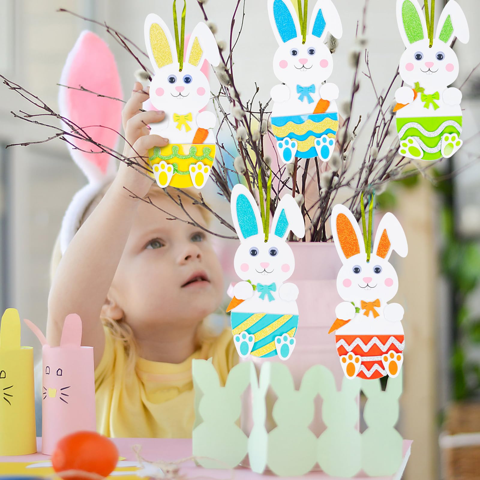 Fennoral 12 Pack Bunny Craft for Kids Make You Own Rabbit Foam Stickers Ornament DIY Easter Arts and Crafts for Party Decoration Easter Gifts