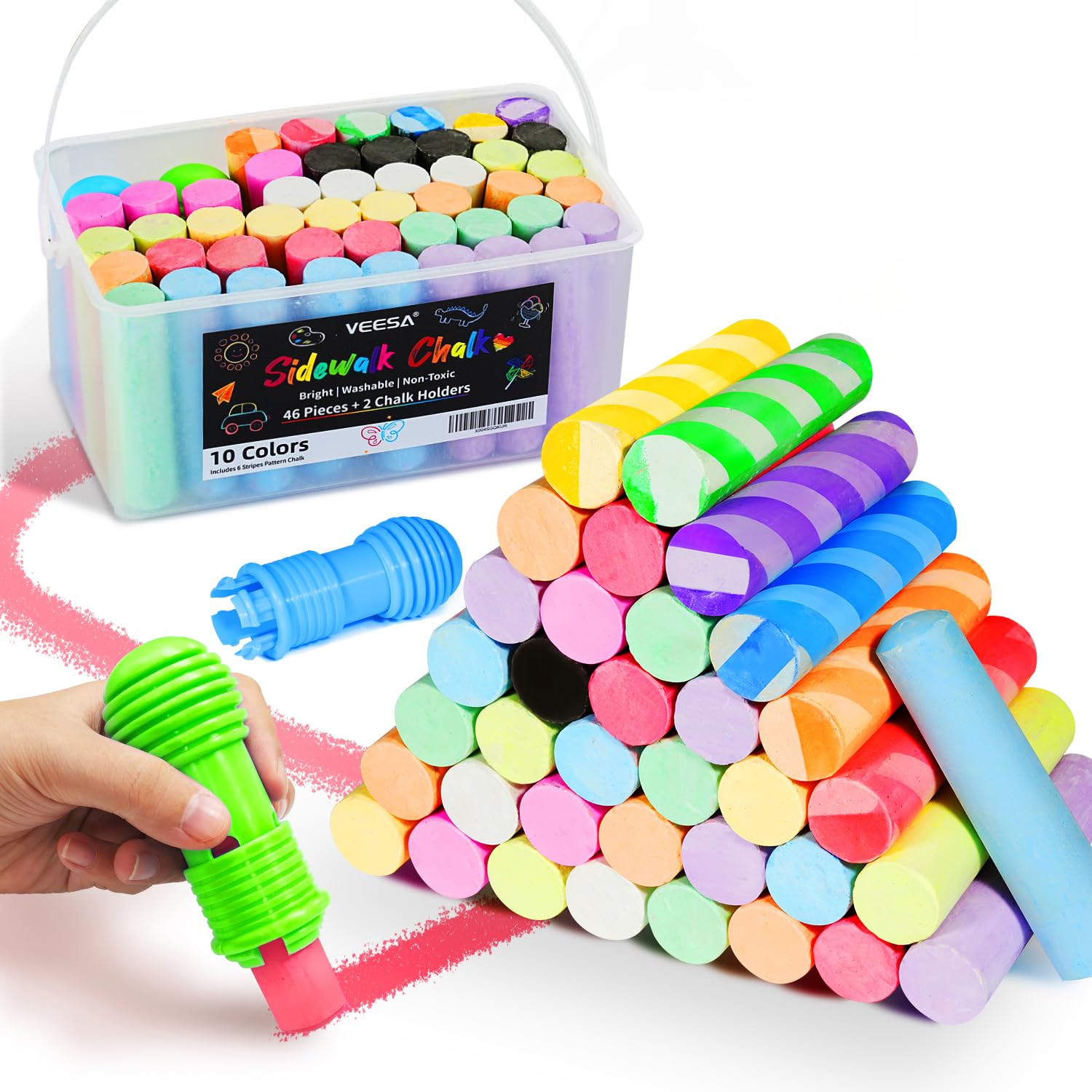 VEESA Sidewalk Chalk for Kids, Bucket Pack (46 Count + 2 Chalk Holders)