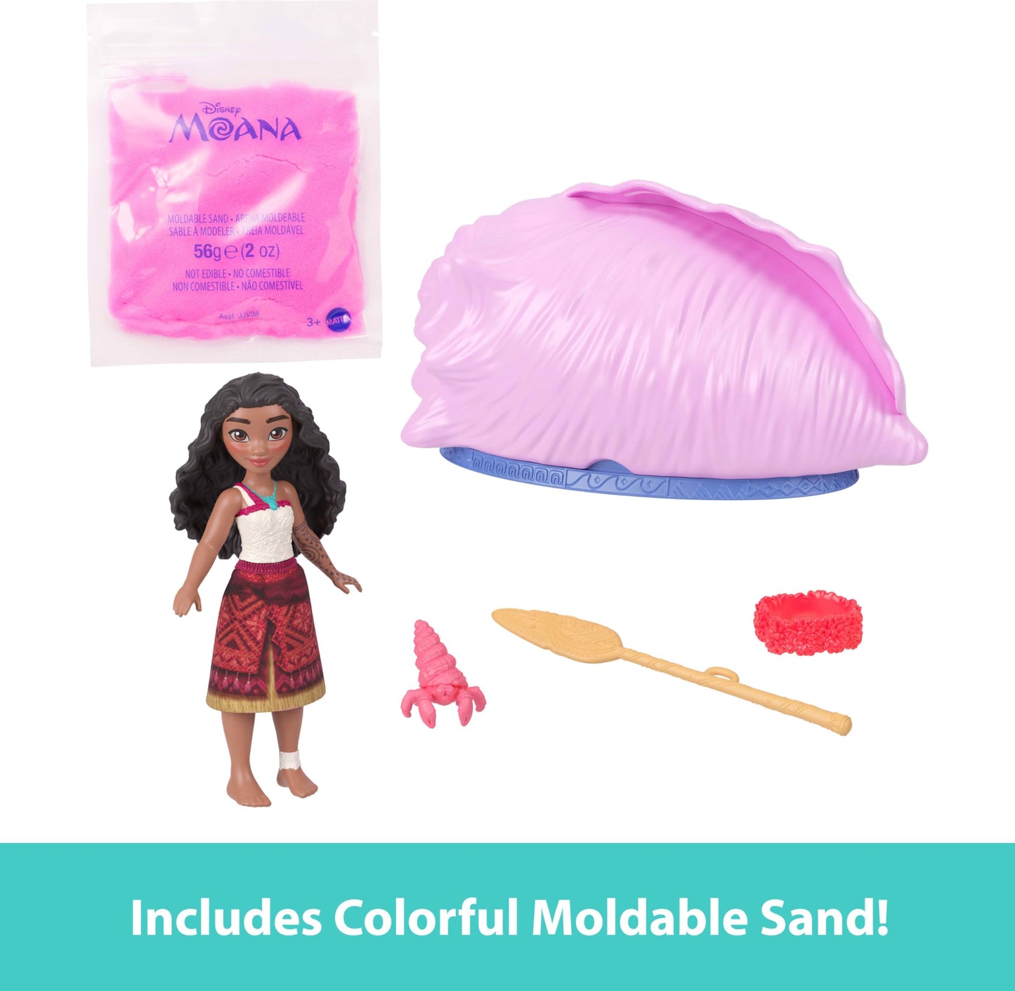 Mattel Disney Moana Surprise Small Doll or Animal Figures with Shell Playset, Moldable Sand & 3 Accessories, Inspired by Movie (Characters May Vary)