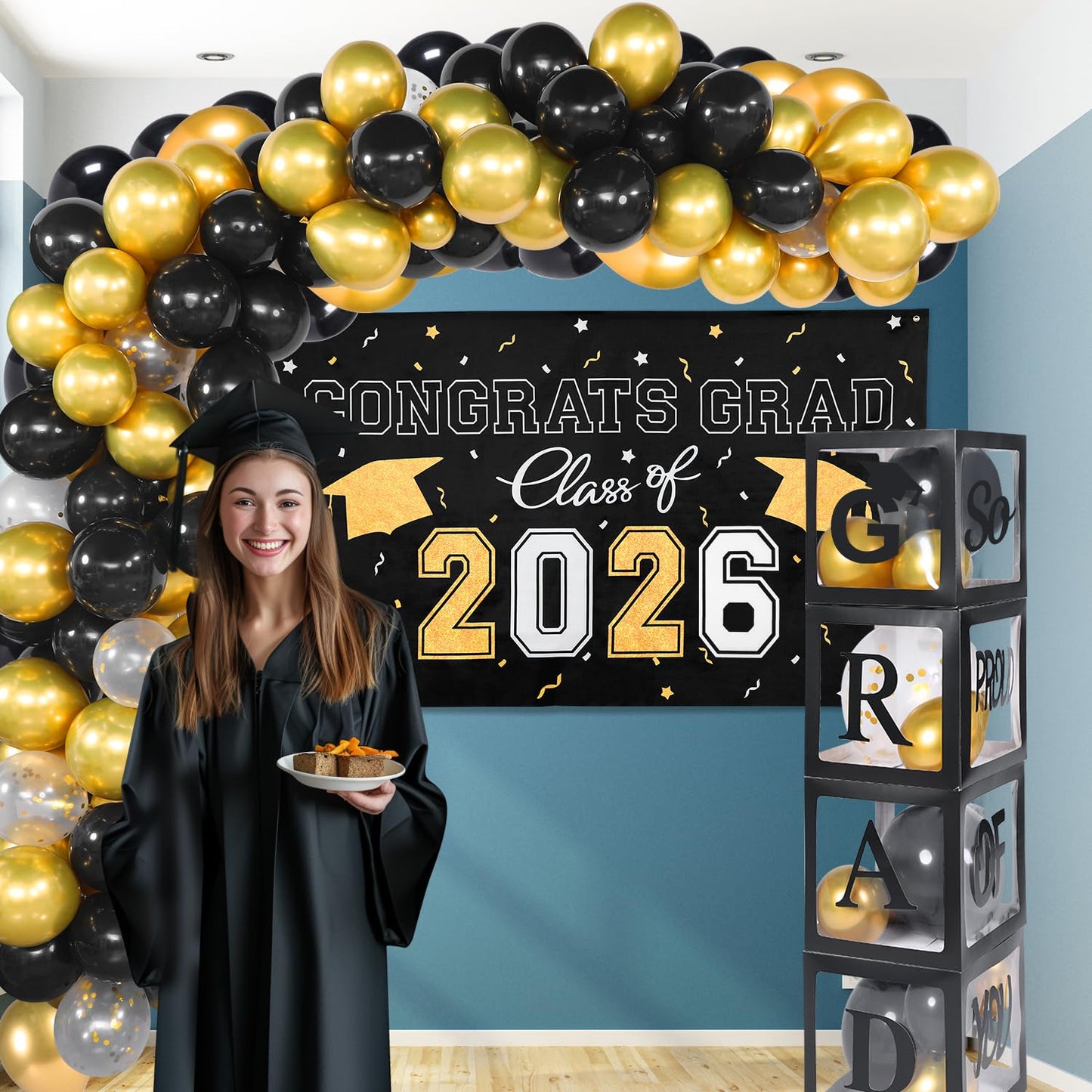 Picoway Graduation Decorations Class of 2026 ,Black and Gold Graduation Party Decorations include 4 Pcs Balloons Boxes with Letters, 110 Pcs Balloon