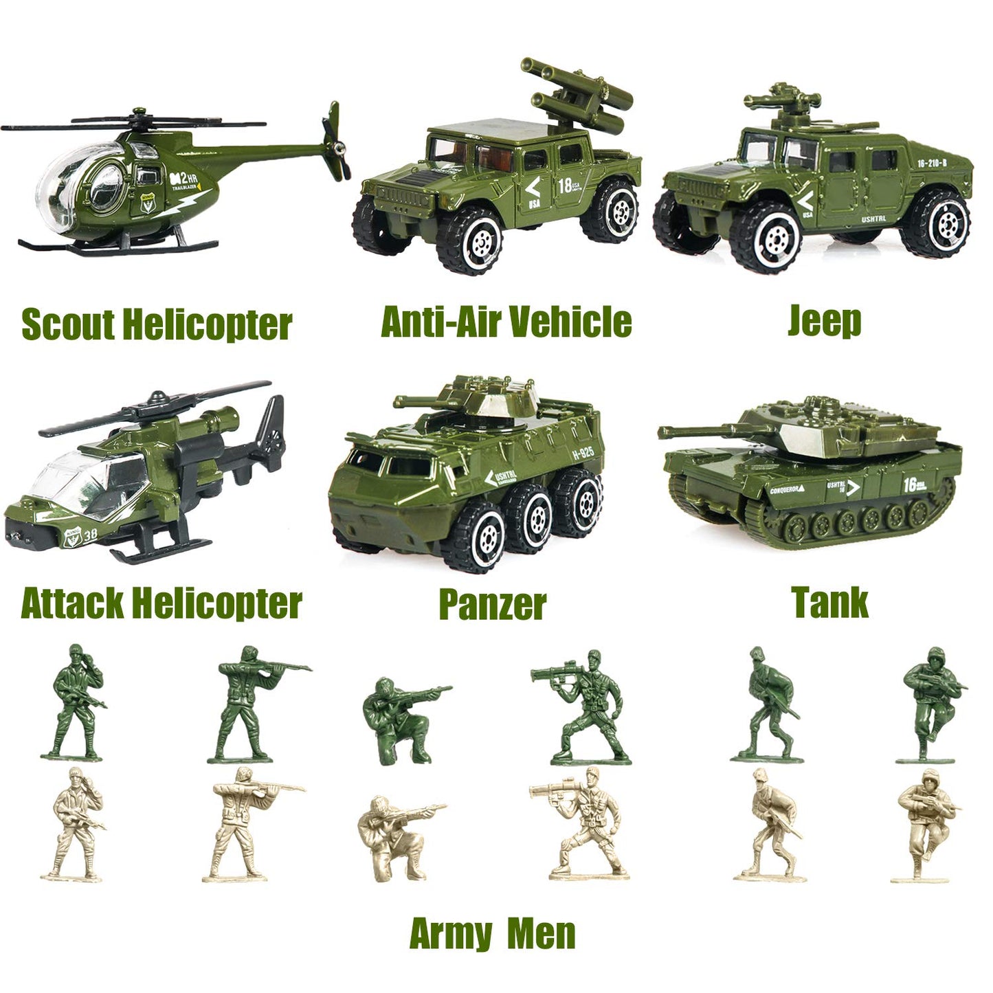 18 Pack Die-cast Military Vehicles Sets,6 Pack Assorted Alloy Metal Models Car Toys and 12 Pack Soldier Army Men, Mini Army Toy Tank,Panzer,Anti-Air