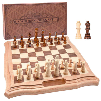 AMEROUS 15.6 inches Magnetic Wooden Chess Set, Handheld Style Chess Board Game Sets with Game Pieces Storage Slots - 2 Extra Queens - Gift Package