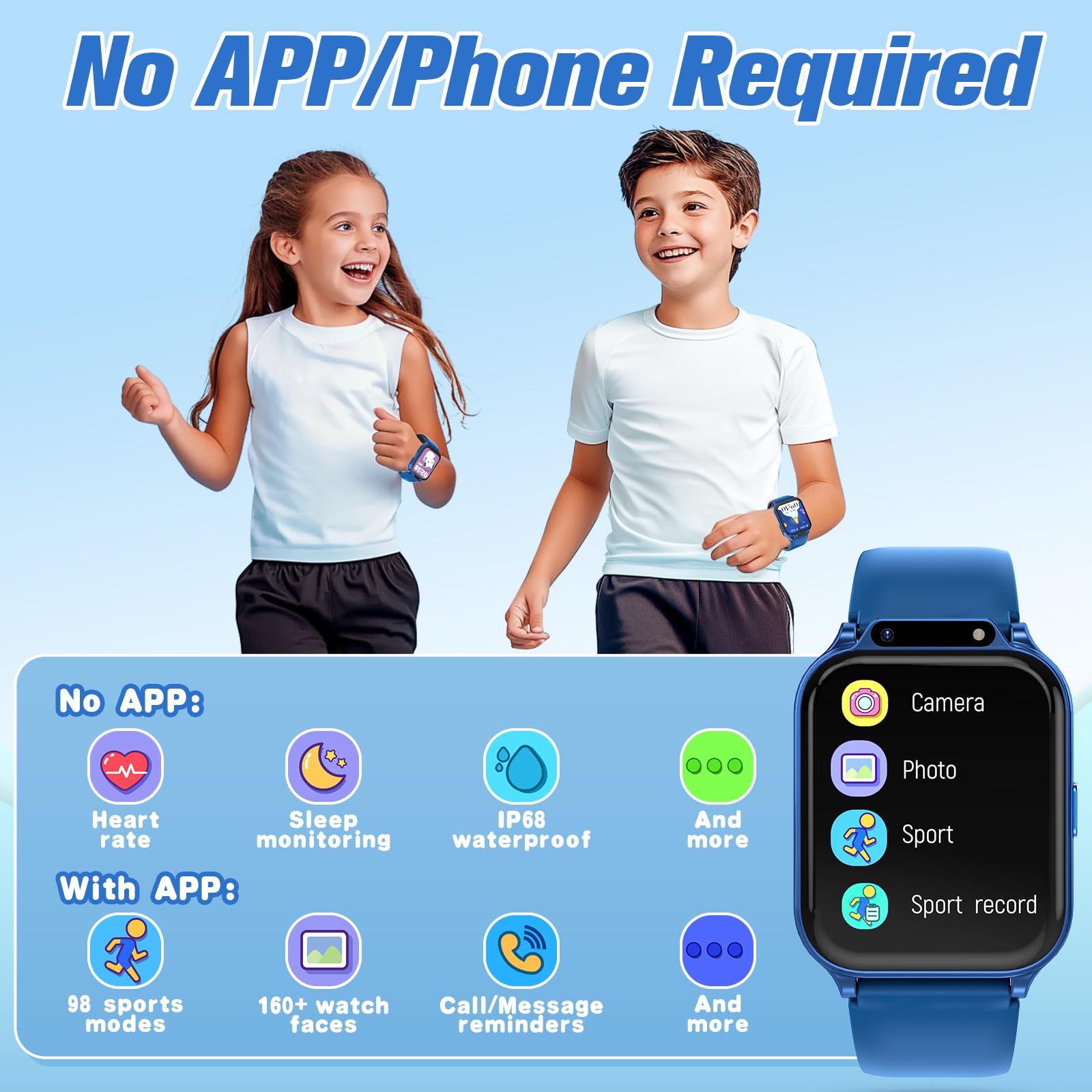 Smart Watch for Kids 1.85" with Fitness Tracker, Sleep Monitor, 22/100+ Sport Modes, DIY Dial, IP68 Waterproof, Step Counter, Heart Rate, Camera