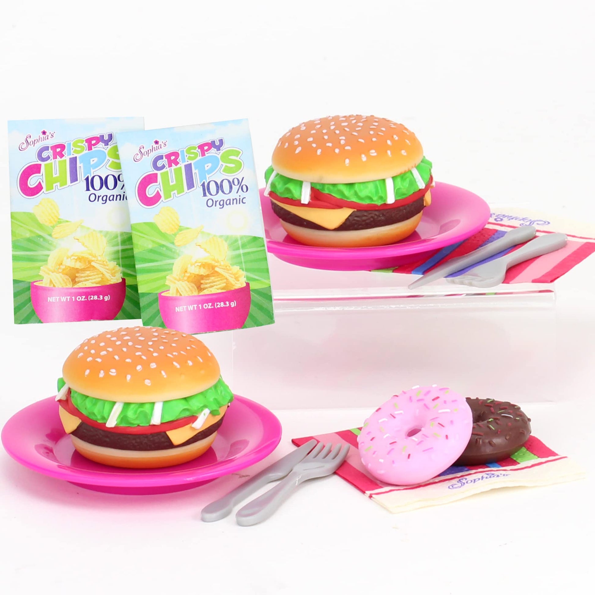 Sophia's 18" Doll 17 pc. Burgers for Two with Service Ware, Doughnuts, and Bags of Chips