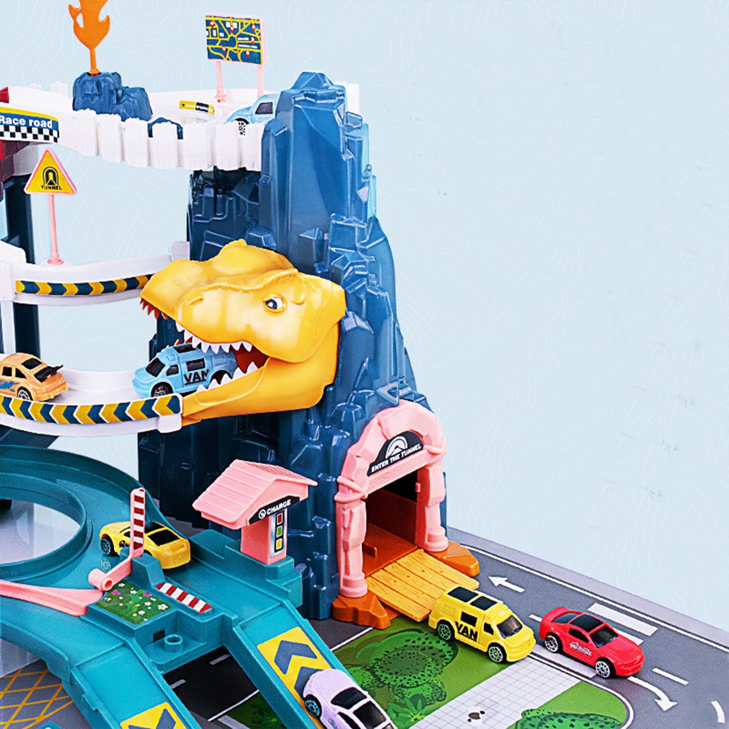 Toy Car Ramp Track Dinosaur Climbing Hills Railcar Colorful Vehicles Construction Play Set with 12 Mini Racer Cars and Track for Preschool Gifts Kids