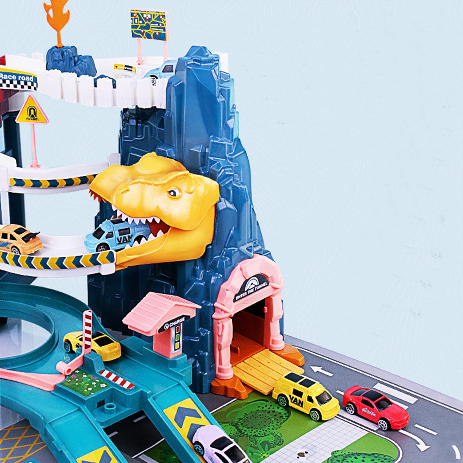 Toy Car Ramp Track Dinosaur Climbing Hills Railcar Colorful Vehicles Construction Play Set with 12 Mini Racer Cars and Track for Preschool Gifts Kids