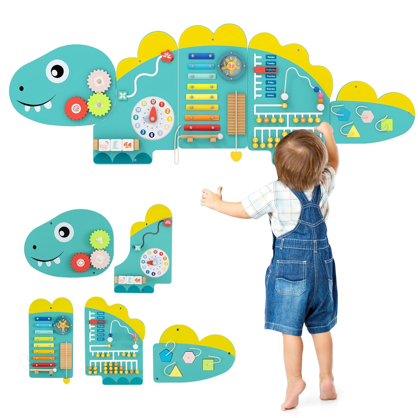 HONEY JOY Dinosaur Activity Wall Busy Board Panels, 11-in-1 Wooden Sensory Wall Panel for Kids, Toddler Learning Activity Center, Ideal for Playroom
