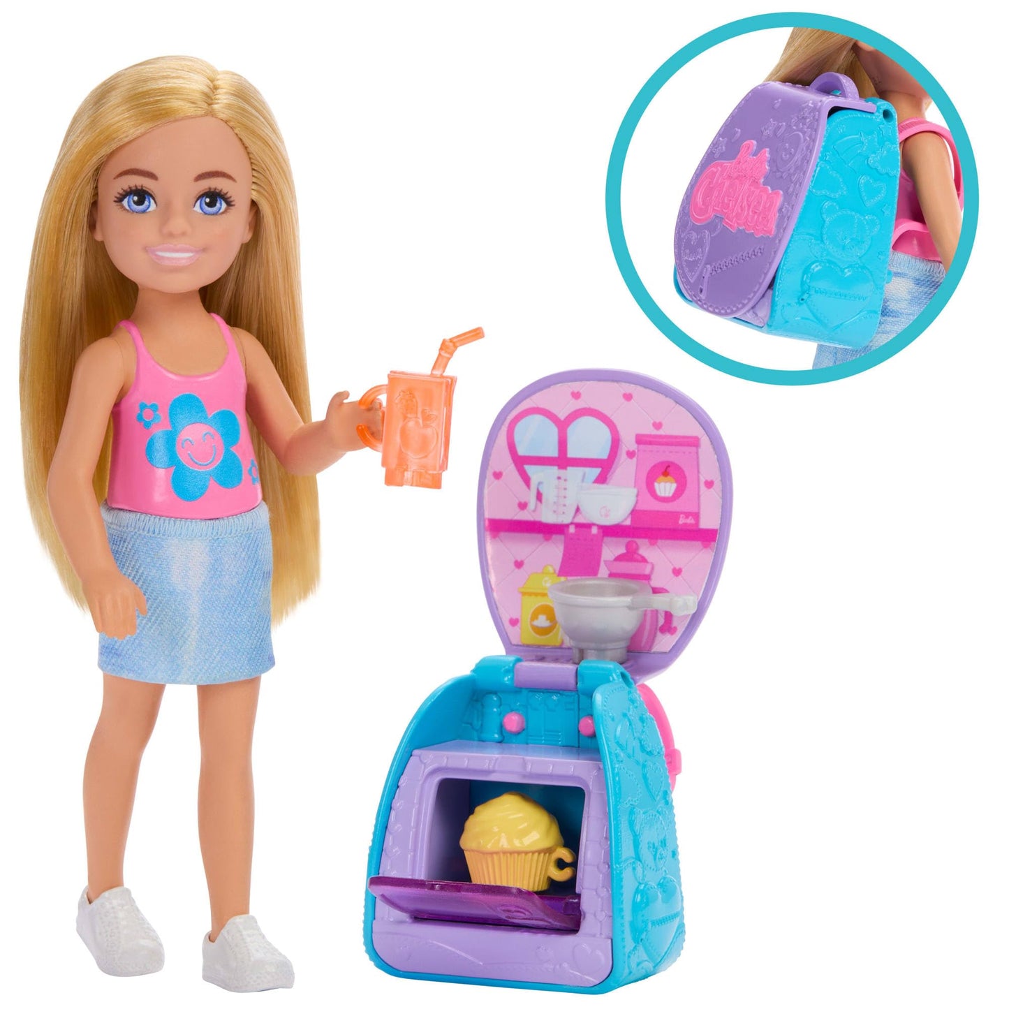 Barbie Family & Friends Cupcake Baking Backpack Blonde Chelsea Doll, Wearable Backpack with Baking Play Pieces