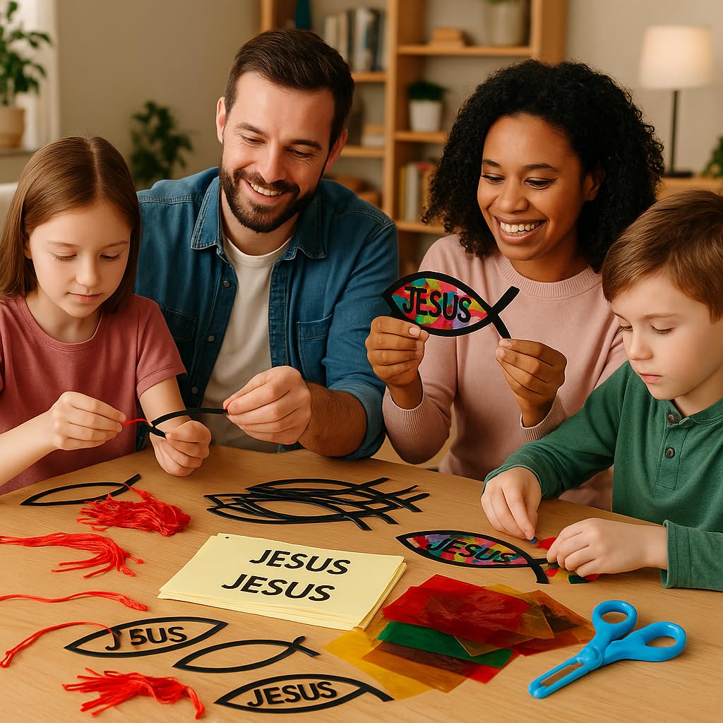 Lanxitown 24 Sets DIY Christian Jesus Fish Craft Kit Christian Crafts for Kids Window Art Kit Stained Glass Kit Suncatcher Kits for Kids Sunday School
