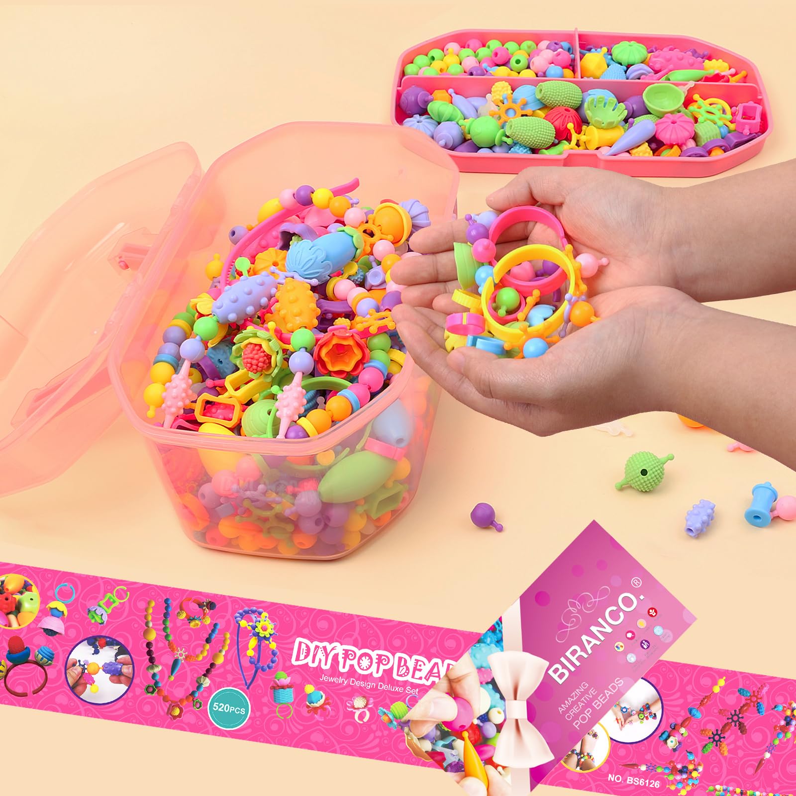 BIRANCO. Pop Beads, Jewelry Making Kit - Arts and Crafts for Girls 3-7 Years Old, Snap Beads Toys - Necklace, Bracelet, Ring Creative DIY Set - 520