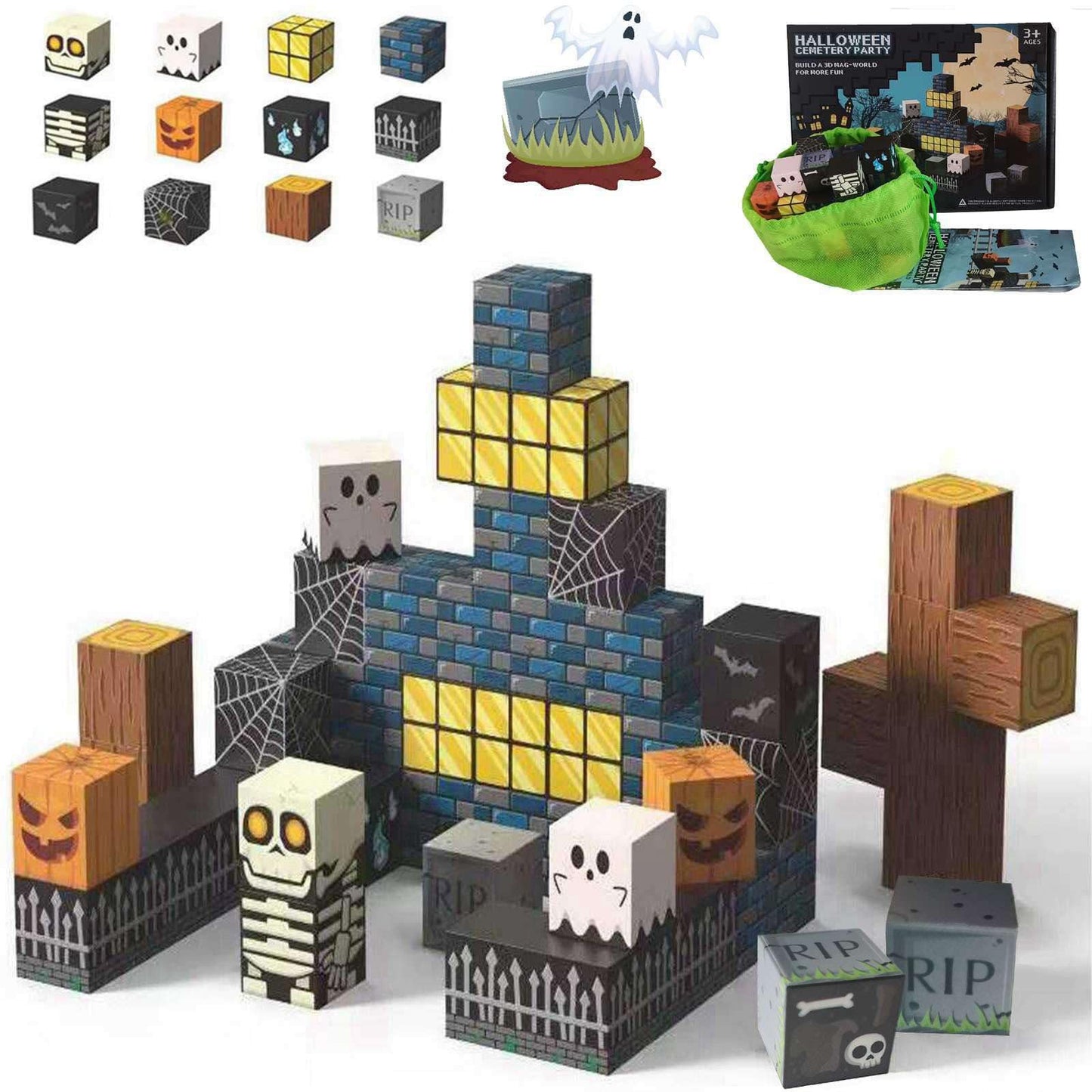 amdohai Magnetic Blocks Kids Skeleton Toy Spooky Town Building Magnetic Tiles Halloween Themed Toys Gift for Boys Girls & Adults