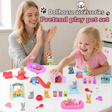 45Pcs Pet Pretend Play Toy Dollhouse Playset Accessories,Cat Puppy Dog Hamster Realistic Animals Tiny Mini Figures Furniture,Vet Care Center Preschool