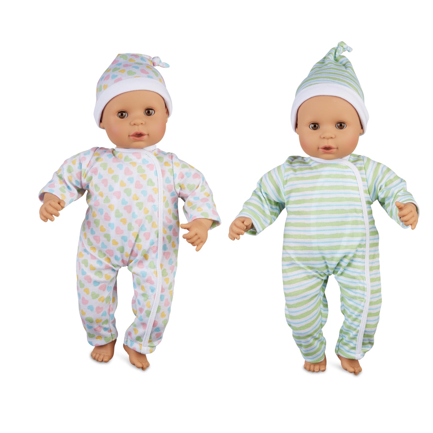 Melissa & Doug Mine to Love Twins Sebastian & Sofia 15” Medium Skin-Tone Boy and Girl Baby Dolls with Rompers, Caps, Pacifiers