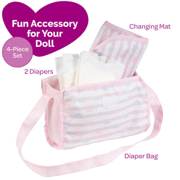 Adora Baby Doll Diaper Bag with Sturdy Straps, Includes Changing Mat and 2 Doll Diapers (Fits 13" Dolls), Birthday Gift For Ages 3+ - Classic Pastel
