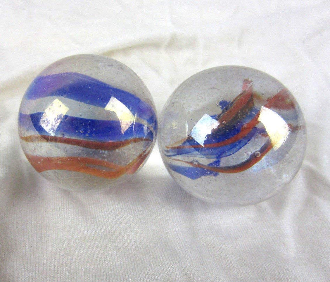Big Game Toys Set of 2 Fun FAIR 35mm Boulder Iridescent Clear/Red/Blue Swirl Large Shooter Solid Glass Marbles