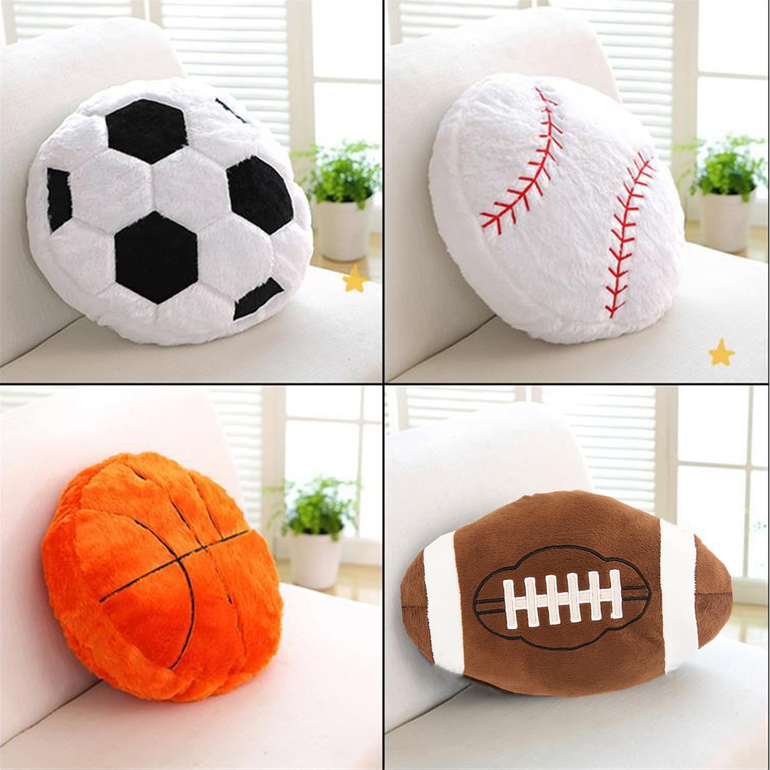 4 Pcs Sports Throw Pillows Fluffy Stuffed Soccer Ball Plush Pillow Baseball Throw Pillow Soft Stuffed Basketball Plush Pillows Football Shaped Plush