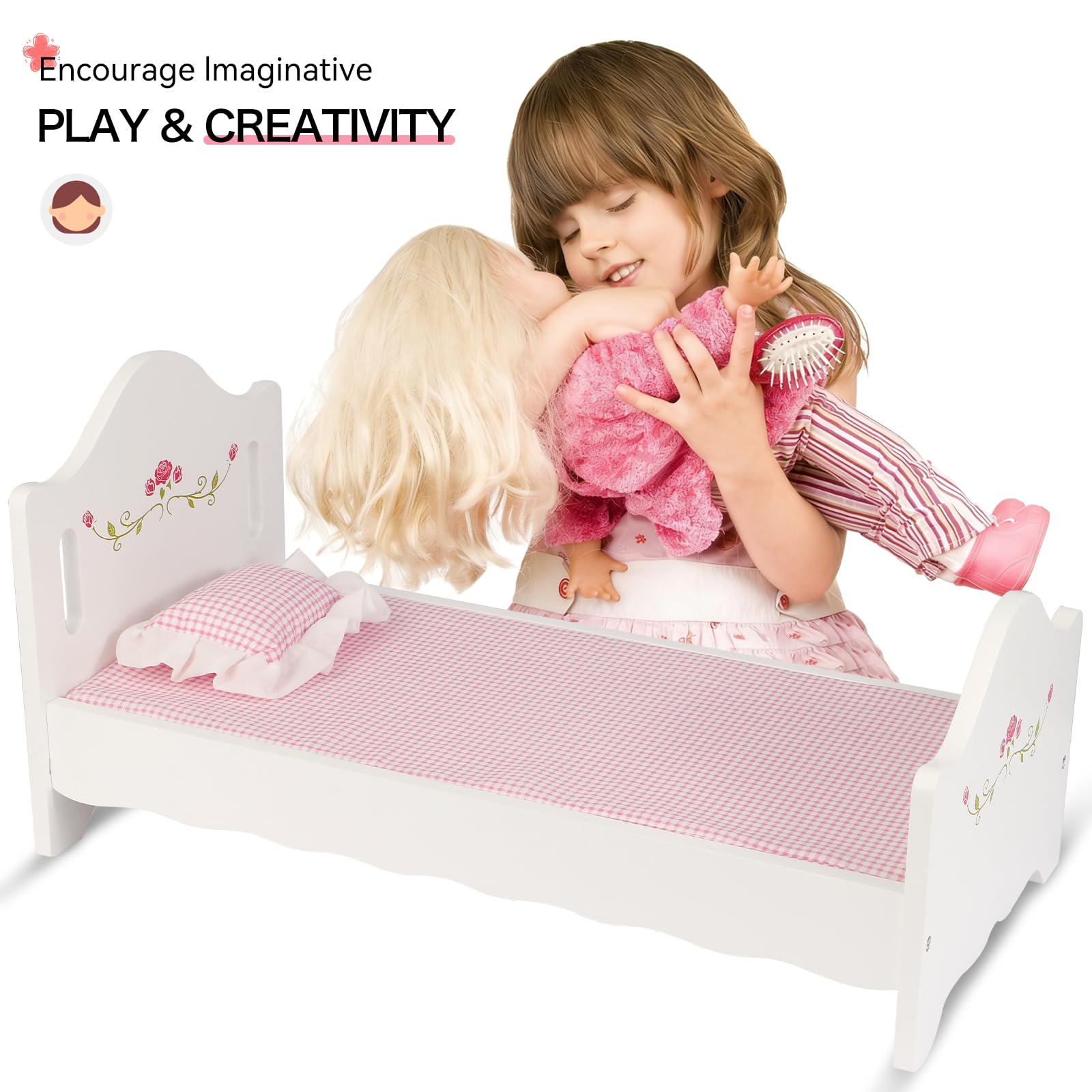 PHOKID Wooden Baby Doll Crib Set, Baby Doll Bed Toys for 18 Inch Dolls, with Bedding and Canopy, Baby Doll Furniture Accessories