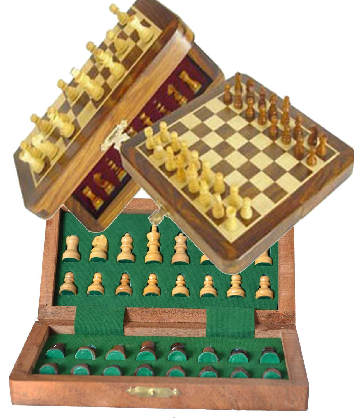 BKRAFT4U Handmade Wooden Rosewood Foldable Magnetic Chess Game Board with Storage Slots, 7 Inch