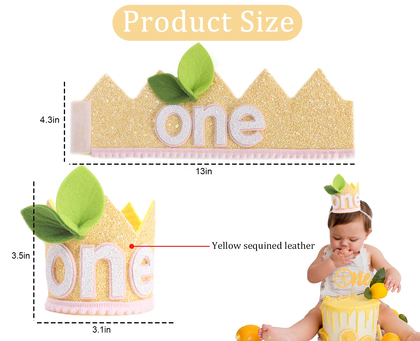 LINLULU Lemon 1st Birthday Crown - Lemon Birthday Decorations, Light Pink And Lemon Yellow Birthday Hat, Birthday Tiara, Cake Smash Props