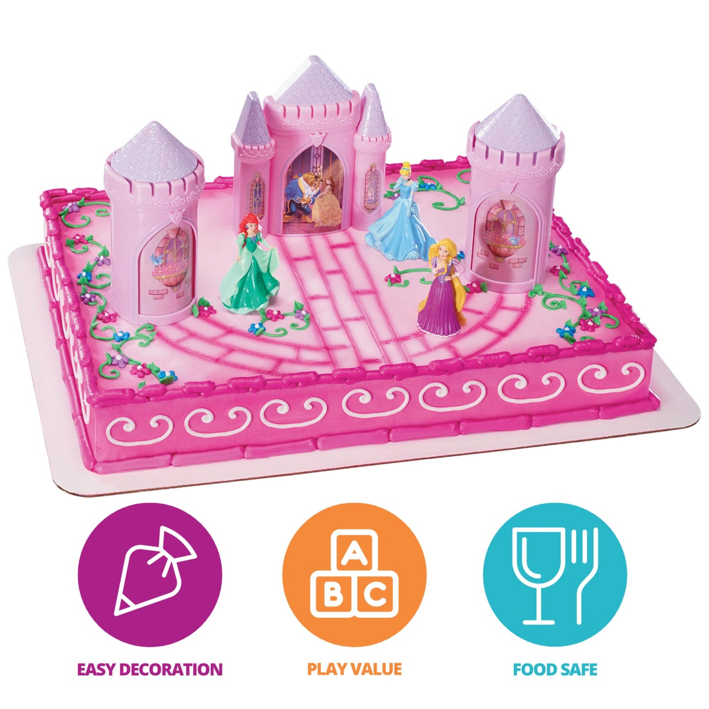 DecoSet® Disney Princess Happily Ever After Birthday Cake Topper, 6-Piece Cake Decorations, Includes Castle with Moveable Turrets, Cinderella, Ariel