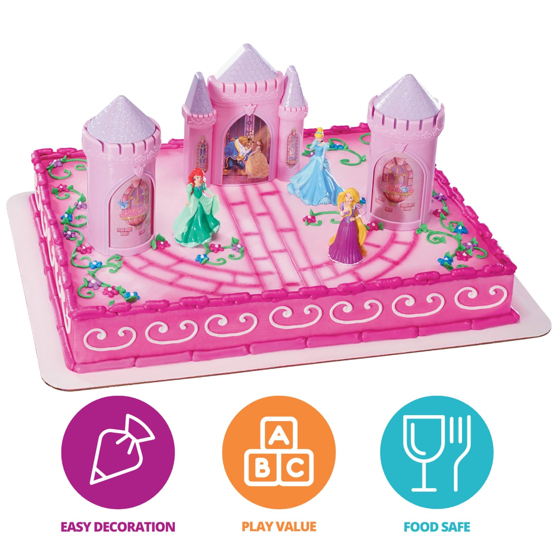 DecoSet® Disney Princess Happily Ever After Birthday Cake Topper, 6-Piece Cake Decorations, Includes Castle with Moveable Turrets, Cinderella, Ariel