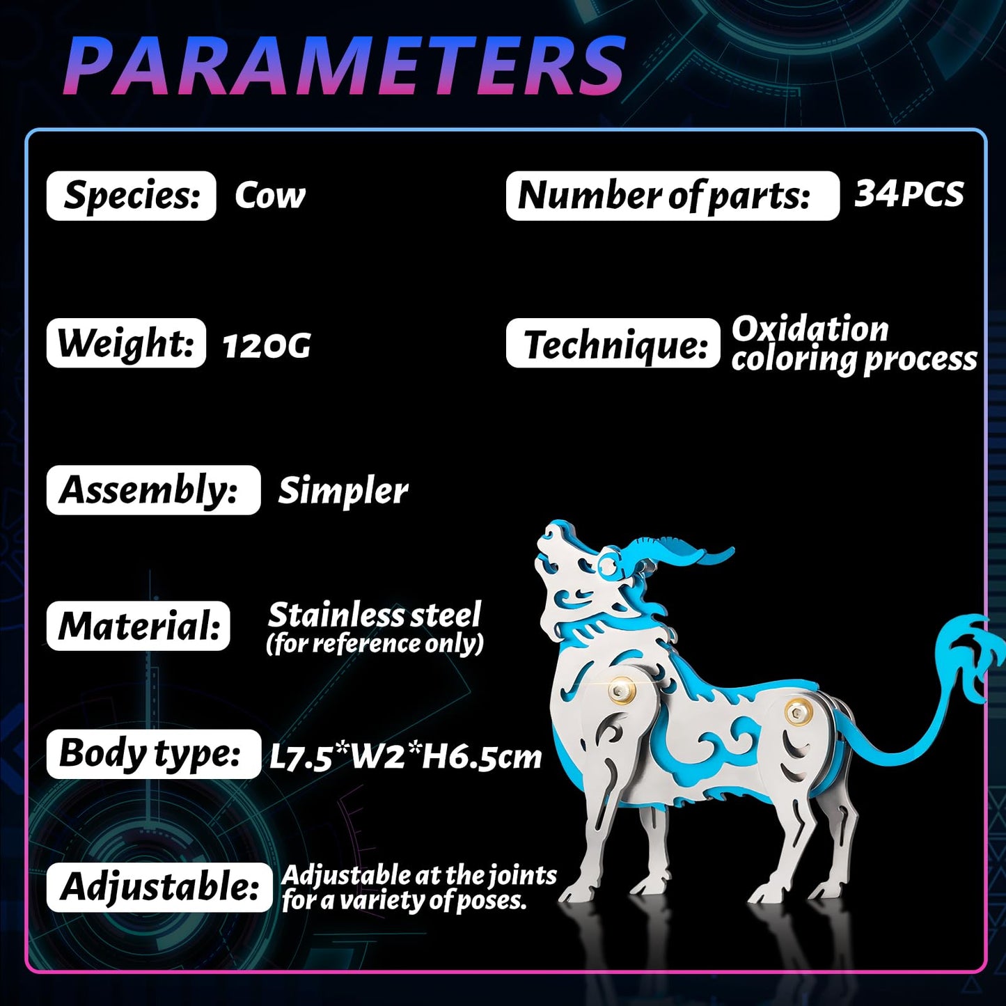 3D Metal Puzzles,3D Metal Puzzle for Adults,Mechanical Model Kit Zodiac Cattle Blue,Steel 3D Puzzles Stainless Steel Ornaments for Adults Home Decor