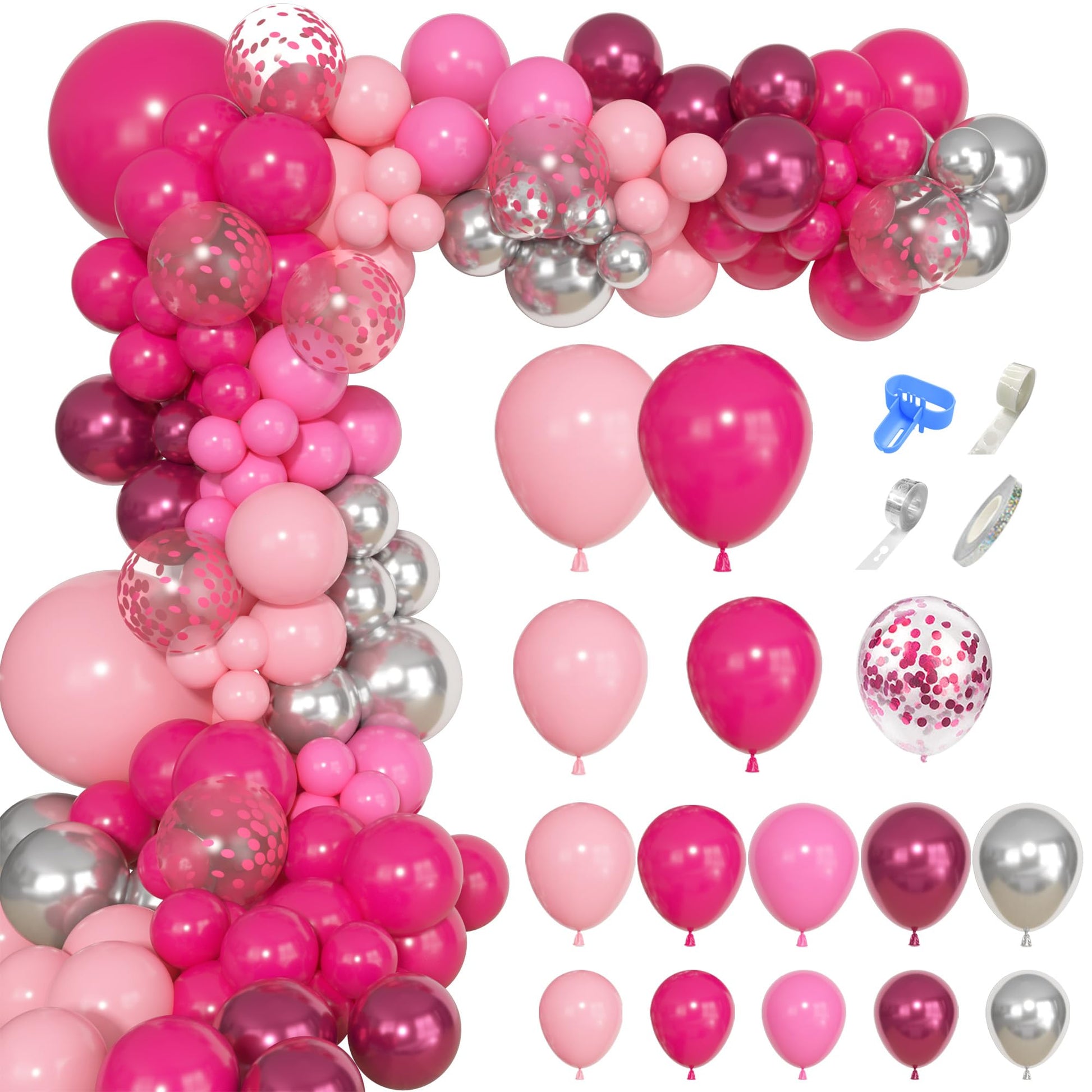 143Pcs Princess Pink and Silver Valentines Balloon Garland Arch Kit, Hot Pink Confetti 4D Star Disco Ball Crown Balloons for Girls Women Bridal Baby