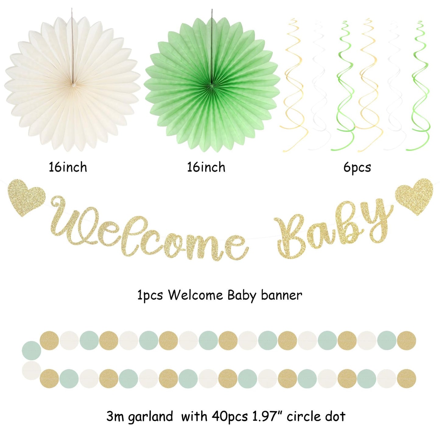 Sage-Green Champagne-Beige Baby Shower Party-Decorations - 21pcs Girls Boy Welcome Baby Banner,Paper Lanterns Pom Poms,Safari Woodland Boho Neutral