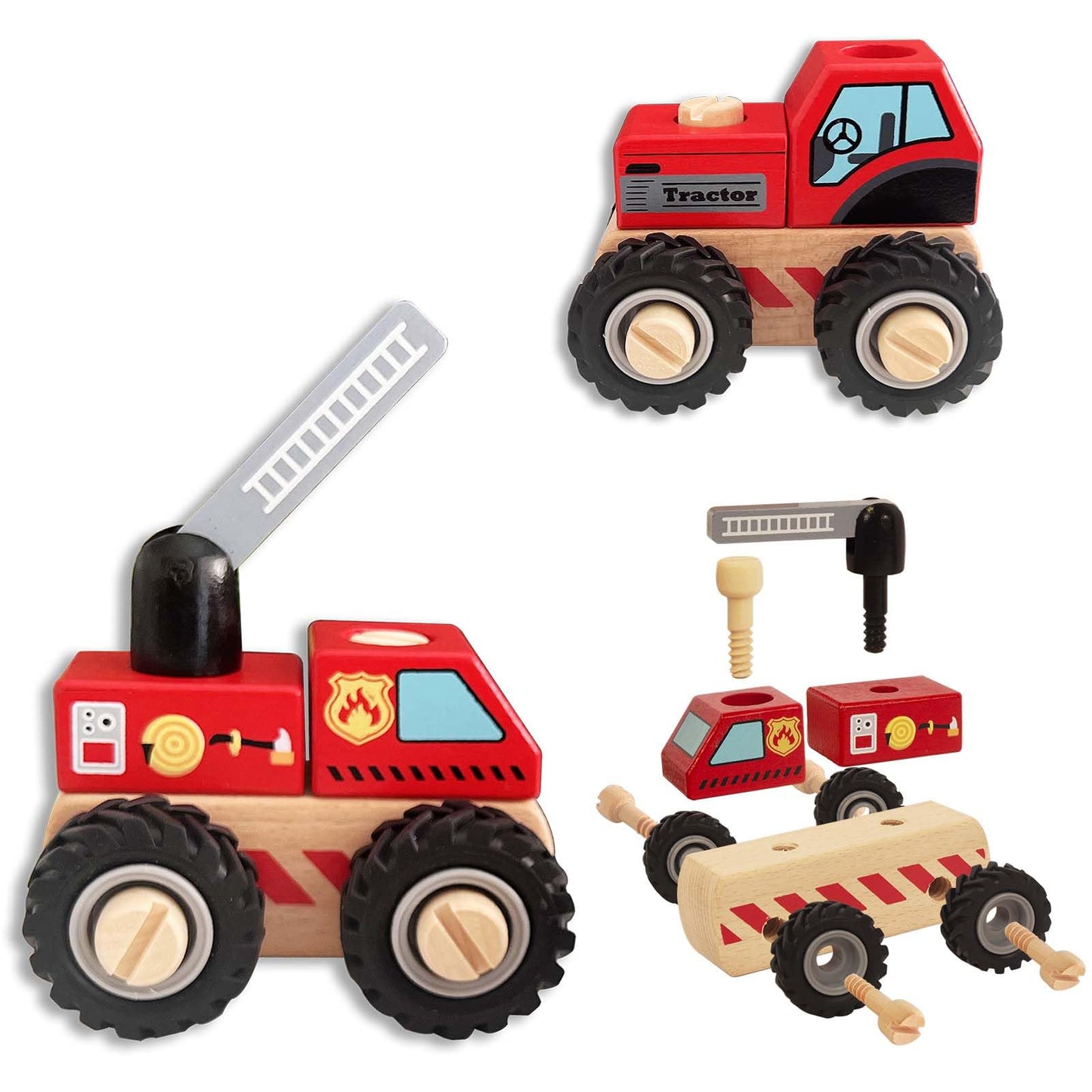 WoodenEdu Construction Vehicles for Toddlers, 2 Pcs Wooden Detachable Assemble Cranes and Tractor, Kids Vehicle Toys Hand Push Car Toys for 3 Years