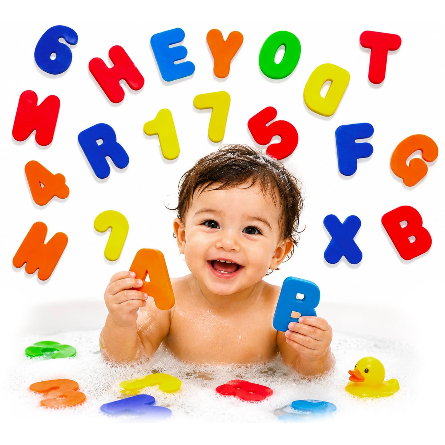 BabyBibi 36 PCS Stick-On Foam Letters & Numbers - Non-Toxic, BPA Free, No Mold Tub Toys - Colorful, Educational, Fun ABC Learning for Toddlers
