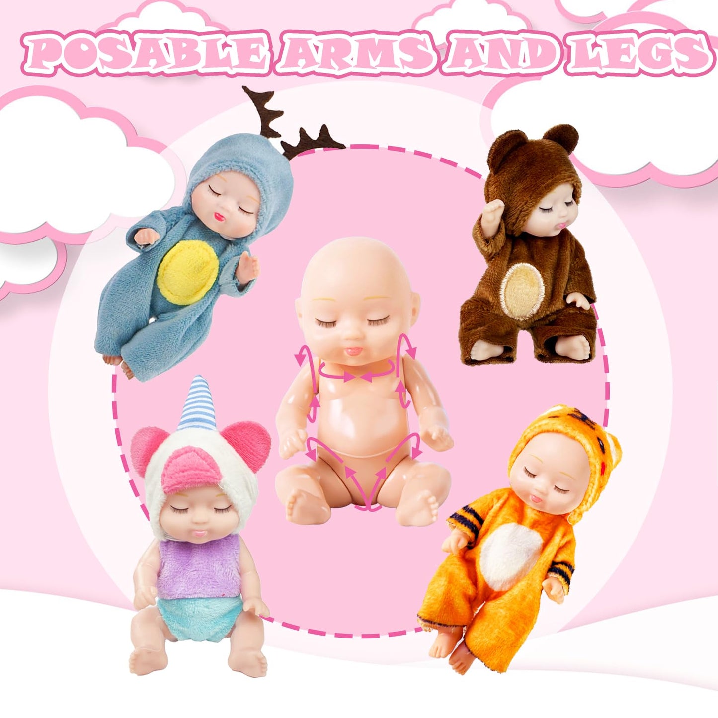 Haawooky 6 Pcs 4 Inch Mini Baby Dolls,Cute Small Baby Doll Toys with 8 Pcs Animal Clothes,Lifelike Realistic Reborn Tiny Baby Dolls for Kids Baby