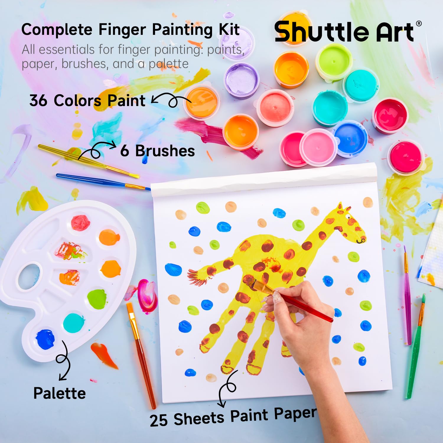 Shuttle Art Washable Finger Paint, 44 PCS with 36 Colors (1 fl oz) Toddler Paint, Paint Brushes, Palette, Non-Toxic Finger Painting for Toddlers