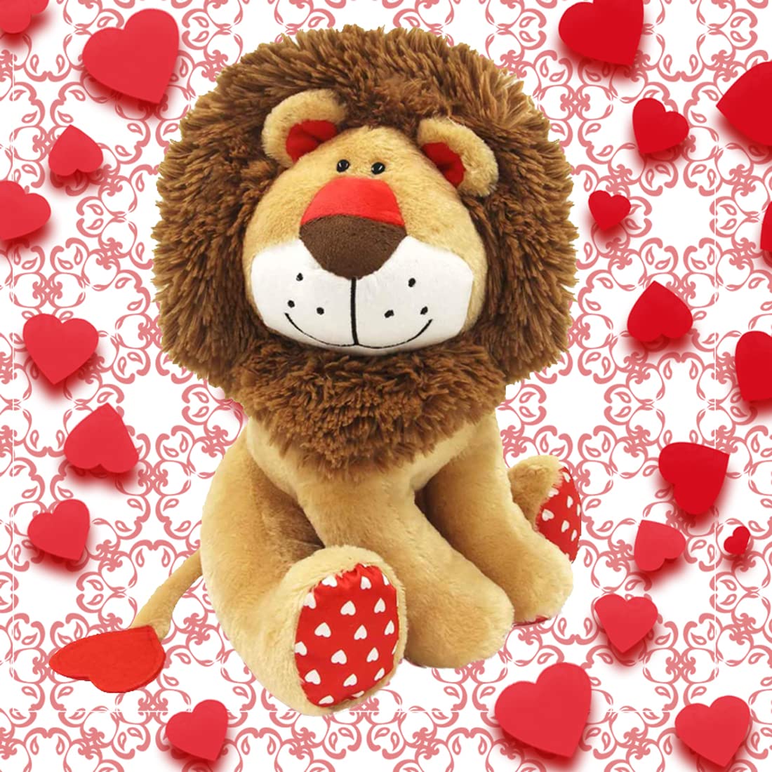 WEIGEDU Love Lion Stuffed Animal, King Lion Plush Toy with Mane Heart Shape Tail for Boy Girls Kids Baby Couple Lover Birthday Bedtime Gift, 13.8“