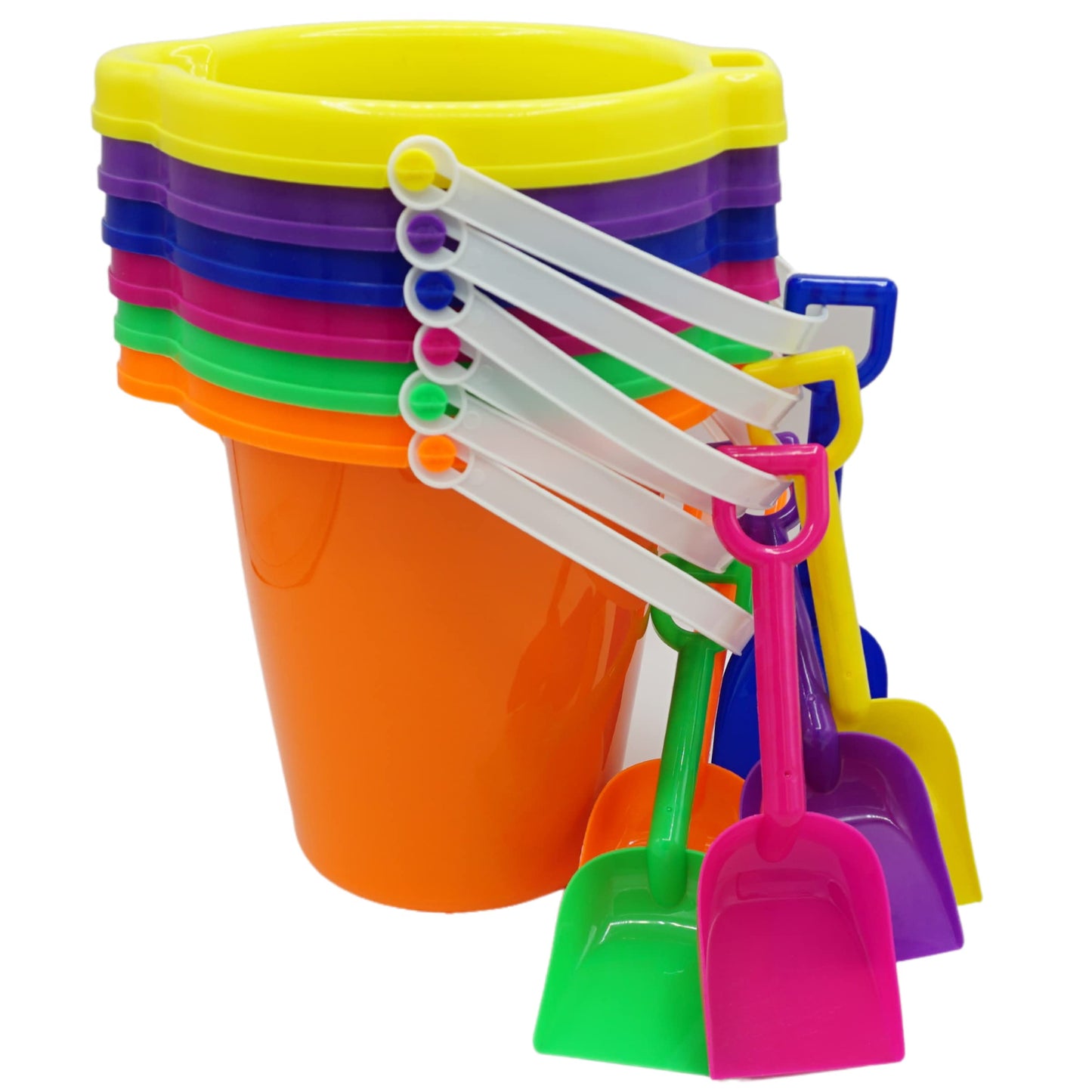4E's Novelty 6 Pack 7.5" Beach Buckets and Shovels for Kids Bulk - Strong Large Sand Bucket for Toddler Beach Toys for Kids 3-10, Sandbox Toys