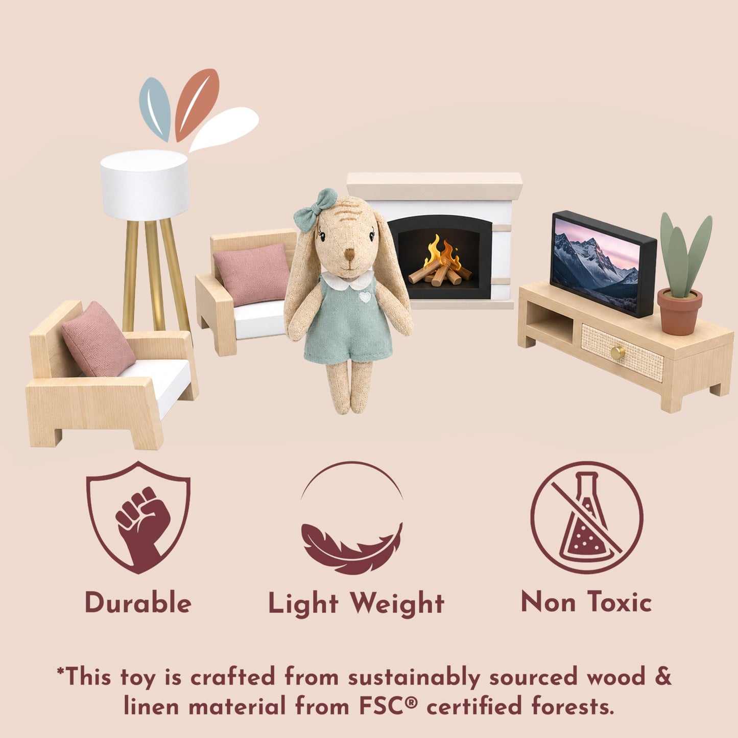 SPEEDY MONKEY Cozy Kids Dollhouse Living Room Playset with Bunny Sofa & TV