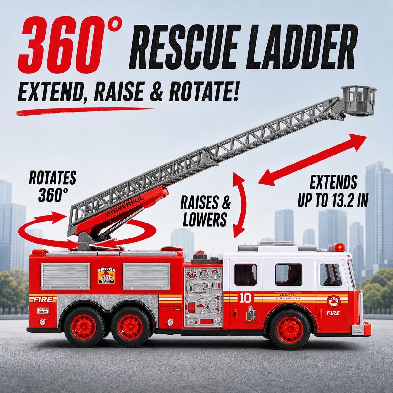 Liberty Imports RC Fire Truck - Big Remote Control Toy Fire Truck - 14" Rescue Fire Engine with Flashing Lights and Siren Sounds, Extendable Rescue