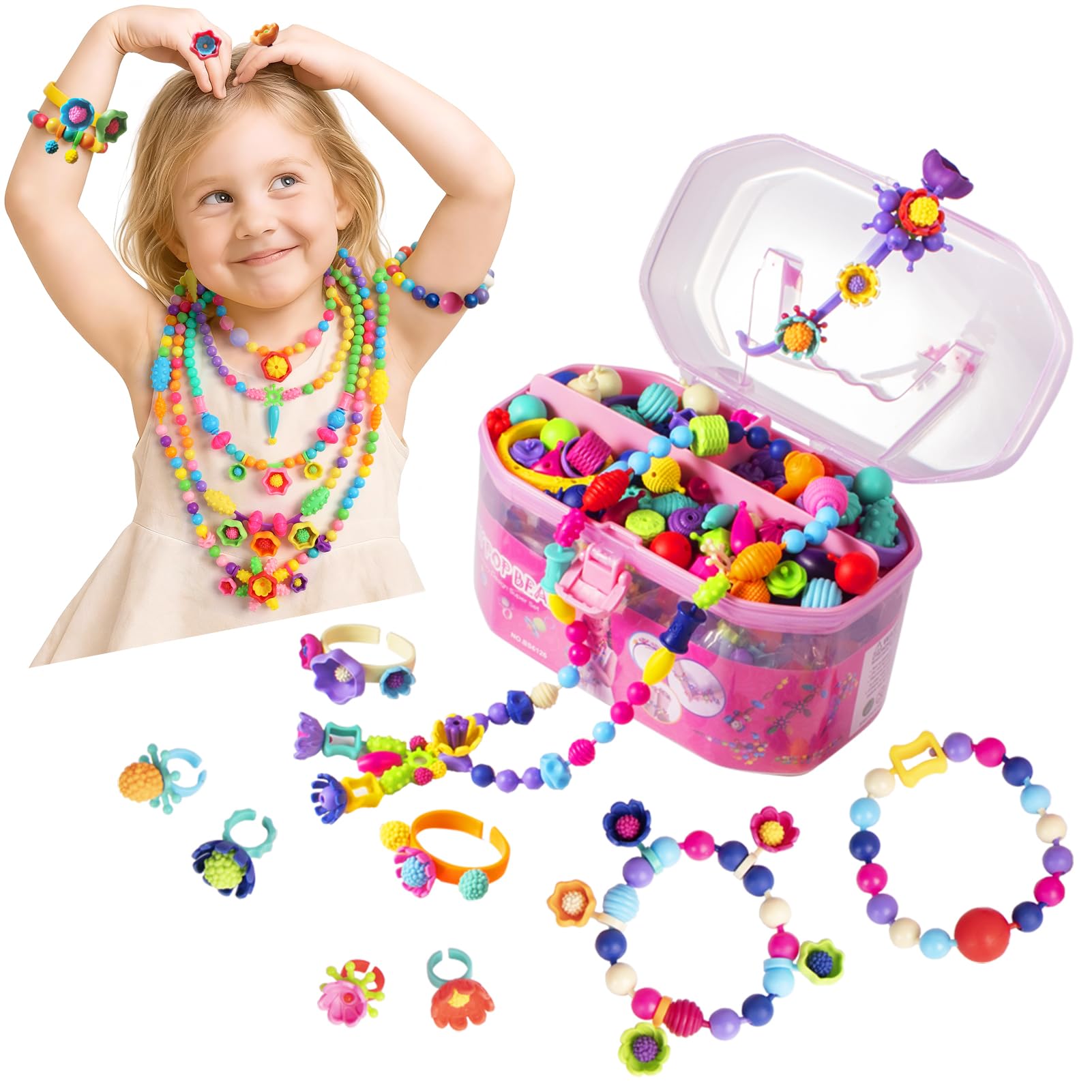 BIRANCO. Pop Beads, Jewelry Making Kit - Arts and Crafts for Girls 3-7 Years Old, Snap Beads Toys - Necklace, Bracelet, Ring Creative DIY Set - 520