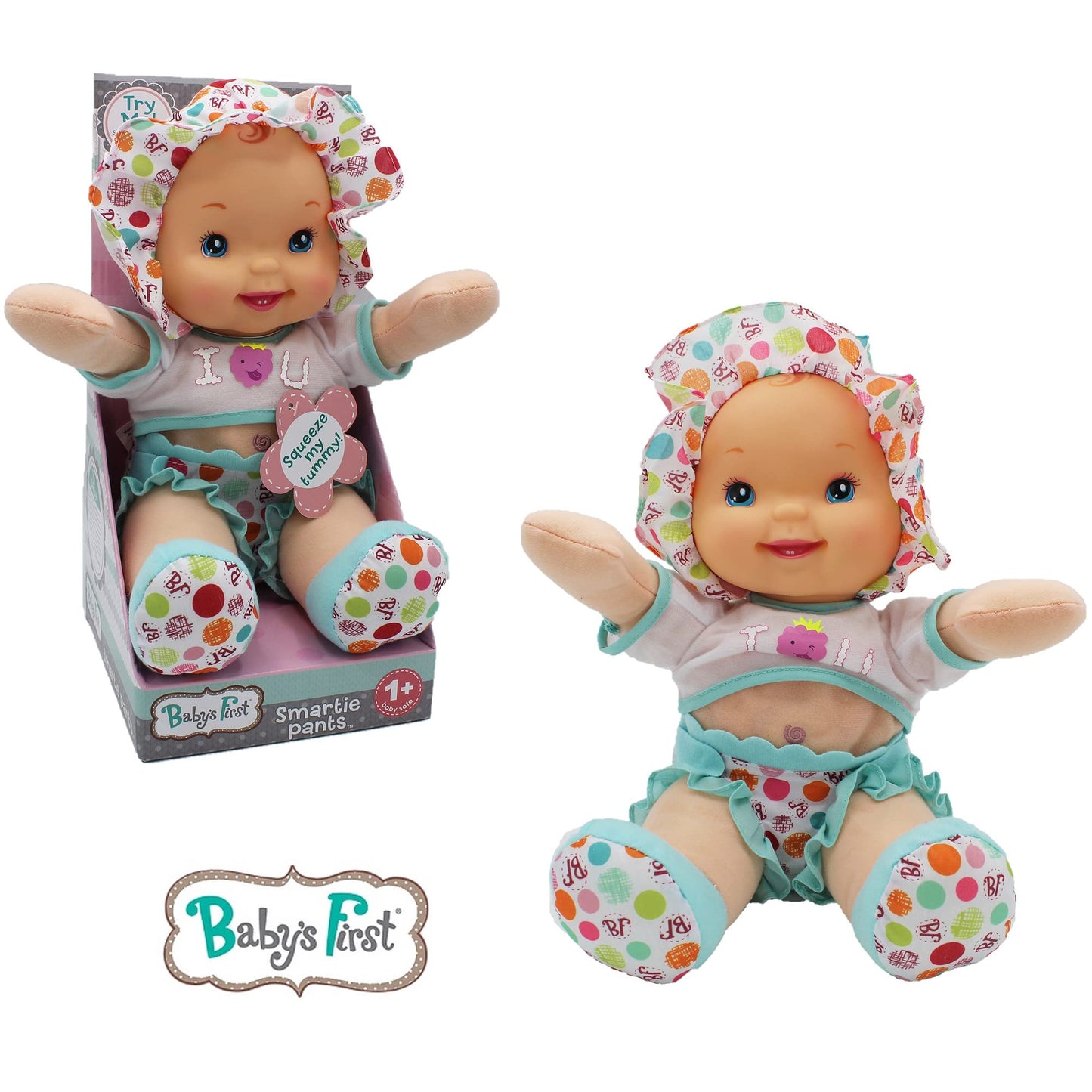 Goldberger Baby's First 12" Smartie Pants Doll with Raspberry White T-Shirt - Includes "Baby Talk" Sound Module with Surprise Raspberry Ending