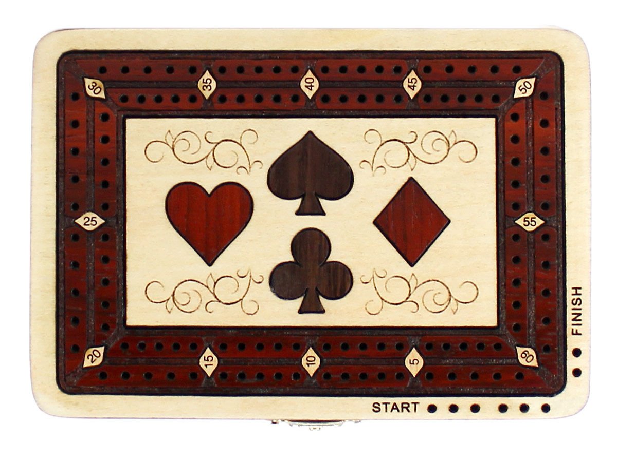 House of Cribbage - 2 Track - Wooden Cribbage Board / Box - Inlaid in Maple Wood / Bloodwood - Storage for Pegs & One Deck of Cards - 60 Points - Non