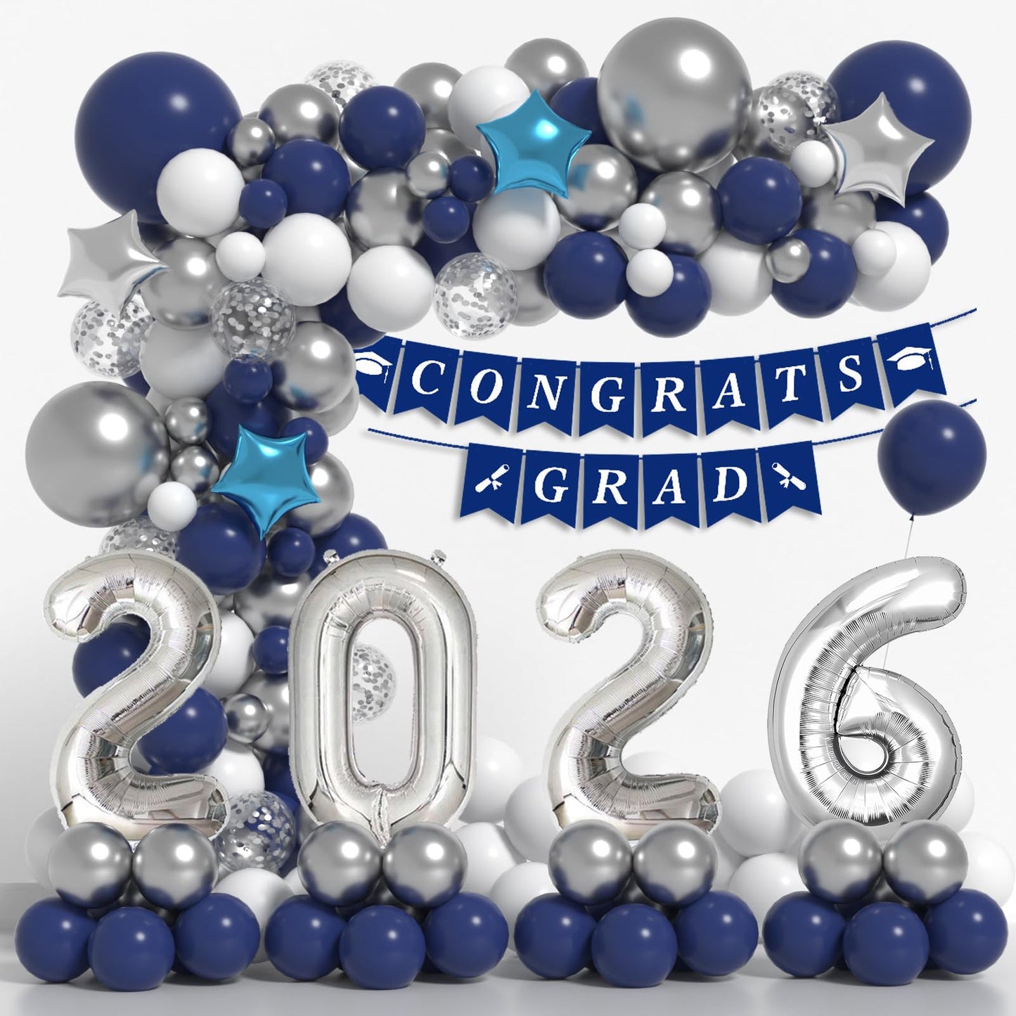 Graduation Decorations Class of 2026: Navy Blue and Silver Graduation Balloon Arch Garland Kit and Silver Confetti Balloons Congrats Grad Banner 2026