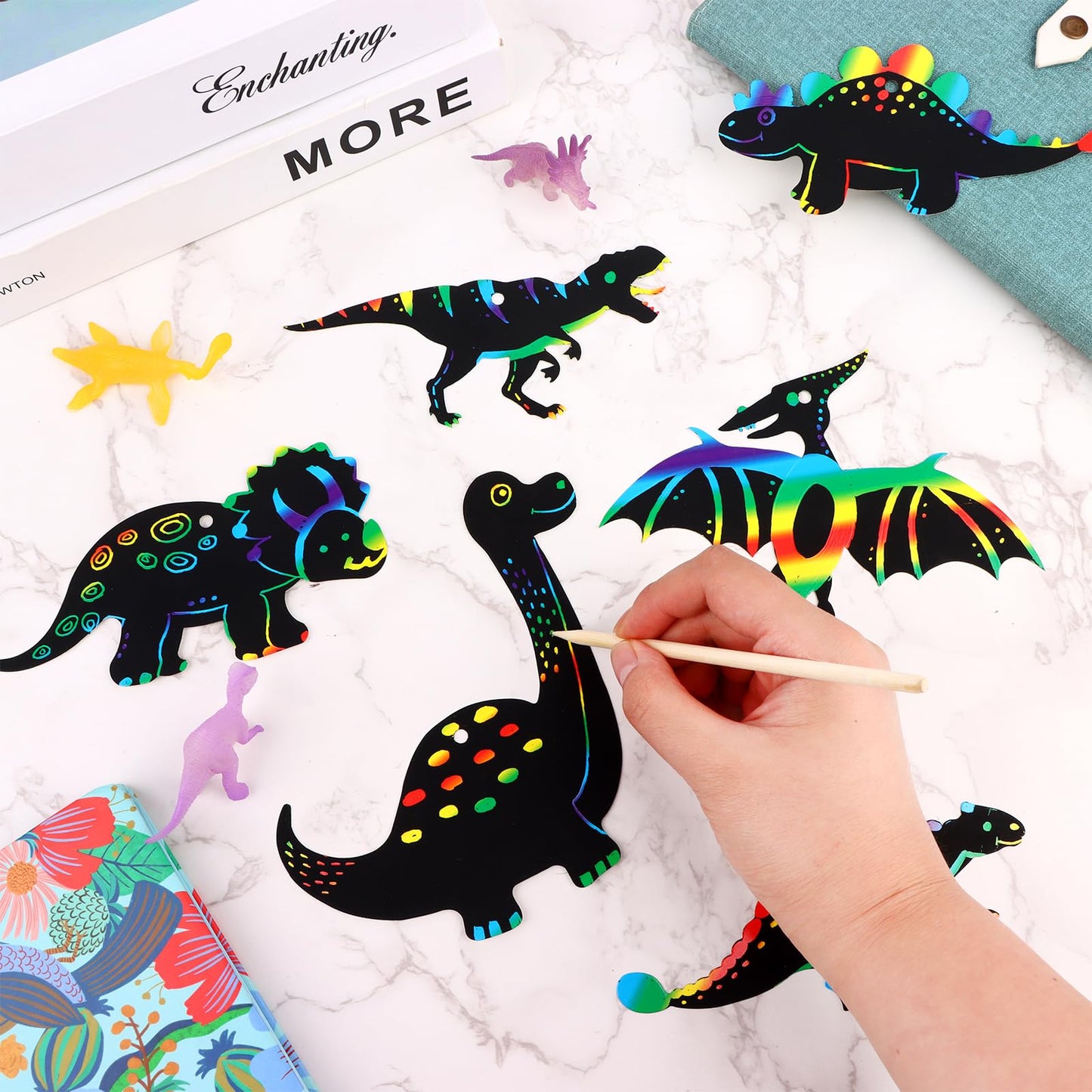 Droutti 64 Sets Dinosaur Theme Scratch Cards Rainbow Scratch Paper Dinosaur Crafts Art Card Kit DIY Scratch Dinosaur Paper with Wood Stylus and Ribbon