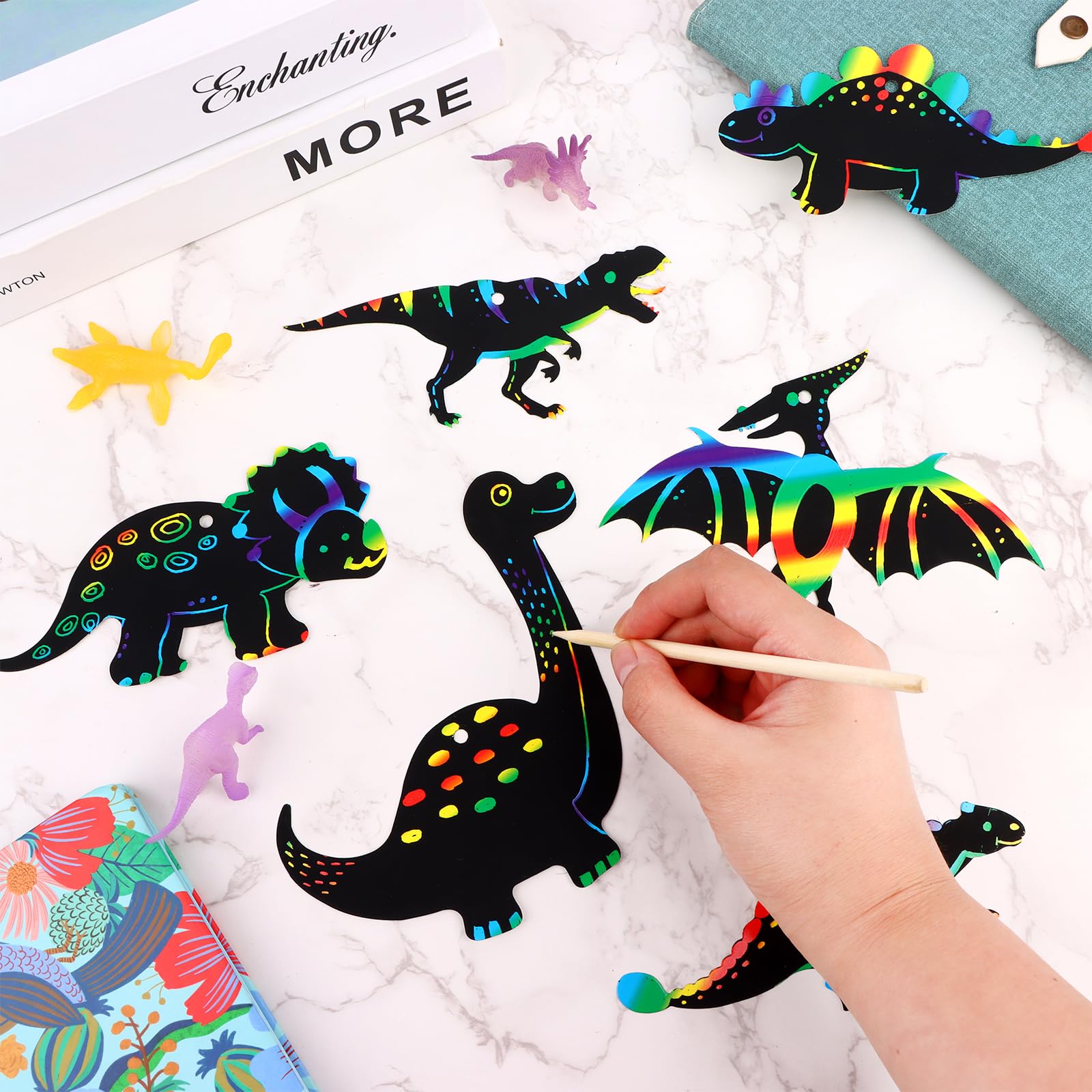 Droutti 64 Sets Dinosaur Theme Scratch Cards Rainbow Scratch Paper Dinosaur Crafts Art Card Kit DIY Scratch Dinosaur Paper with Wood Stylus and Ribbon