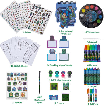 Innovative Designs Minecraft Creativity Fun Kids Art Set for Coloring, Painting, and Crafts