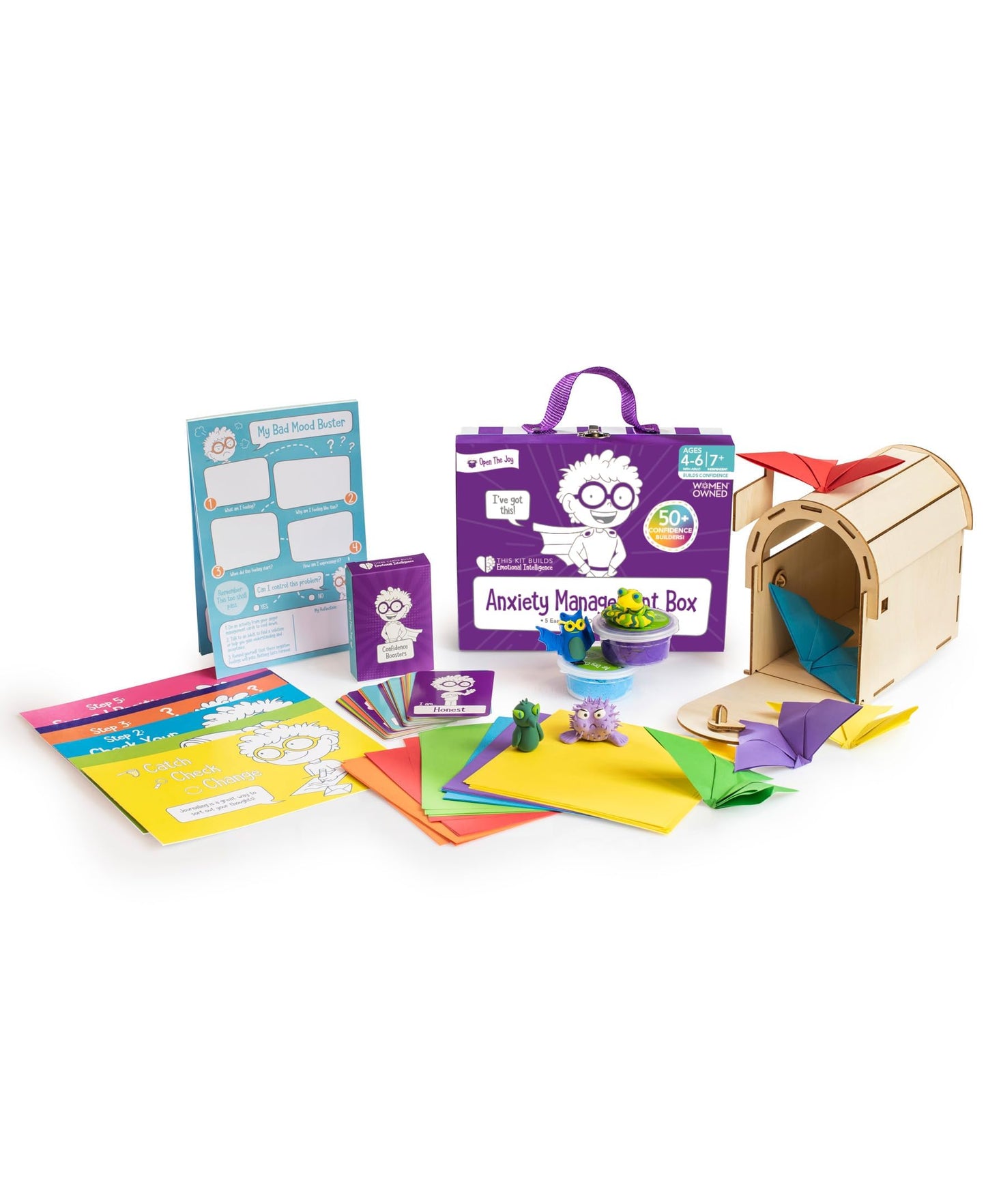 Open The Joy Anxiety Management Box for Kids - DIY Wooden Mailbox, Air-Dry Clay Kit, Origami Crafts, Confidence Cards, and Emotional Learning