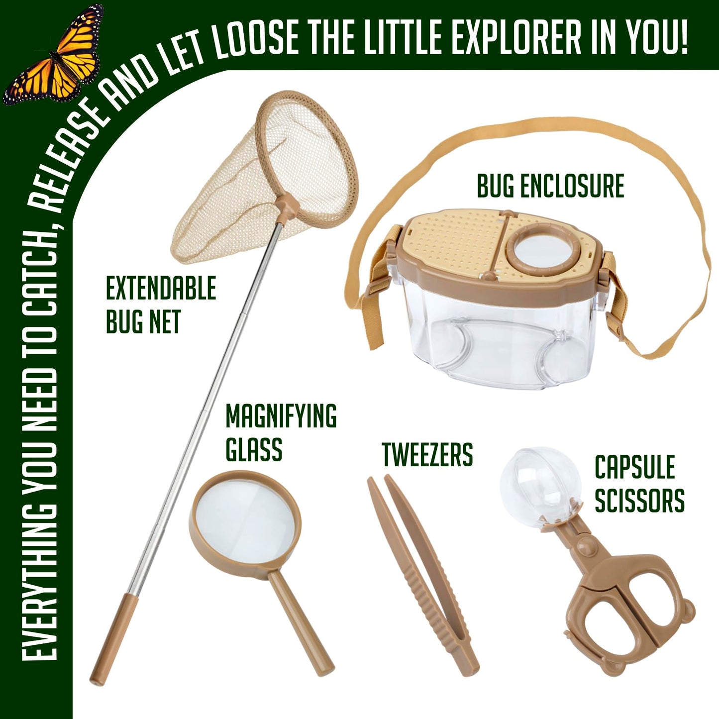 Montessori Mama Kids' Bug Catching Kit - Complete Insect Exploration Set with Habitat, Extendable Net, Magnifying Tools & Carry Strap - Educational