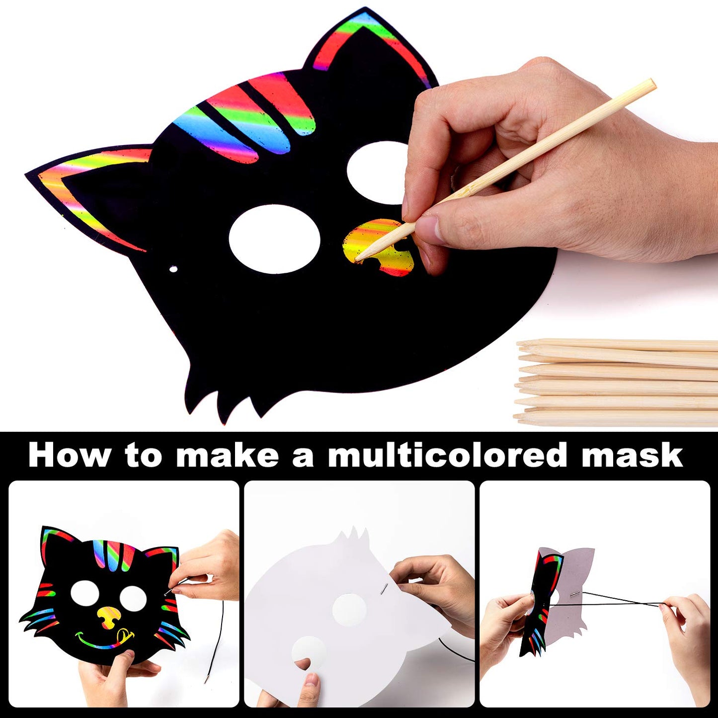 Animal Scratch Masks for Kids, 52 Pcs Rainbow Magic Scratch Paper Masks, DIY Animal Scratchs Paper Mask Art Set for Kids Birthday Party Favors