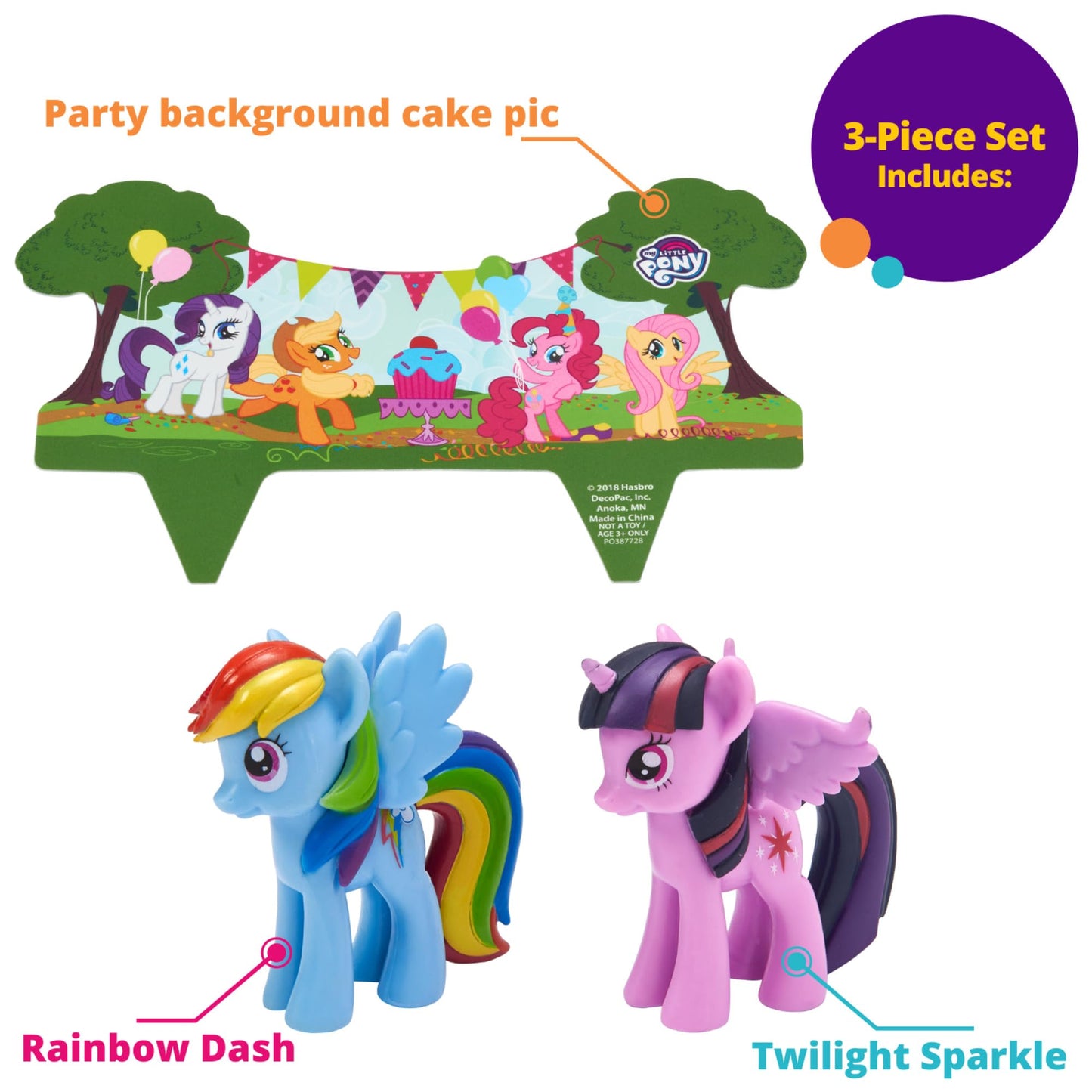 DecoPac My Little Pony Cake Topper, 3-Piece Cake Decorations with Rainbow Dash and Twilight Sparkle Ponies for Fun After the Birthday Party, 3"