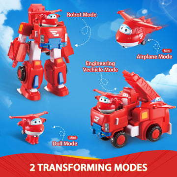 Super Wings Transformable Toys, 7" Jett Robot Suit and 2” Scale Transforming Jett Mini Action Figure,2-in-1 Mode Vehicle and Robot, Vehicle Playset